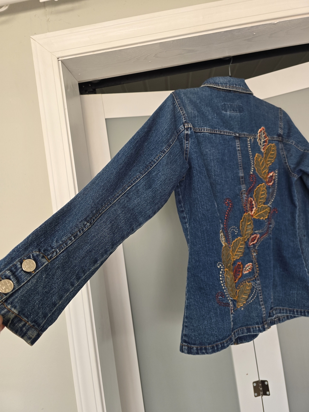 Embroidered Blue Denim Jacket with Fall Leaf Motif - Picture 4 of 17